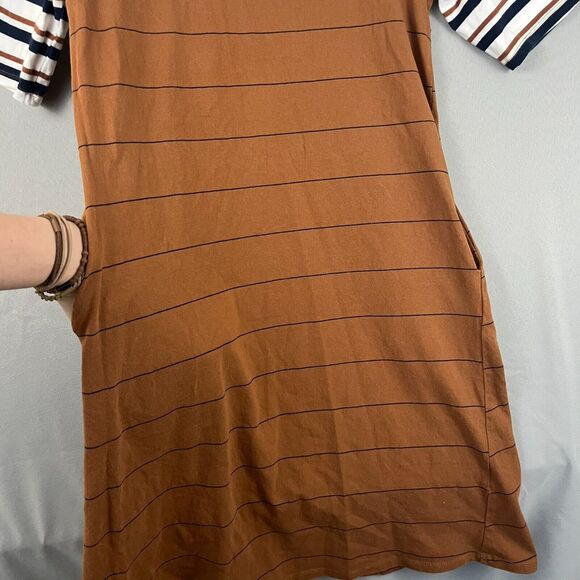 Piper & Scoot Shirt Dress Sz SM Caffeine Brown Stipe With Pockets Cotton - Picture 2 of 7